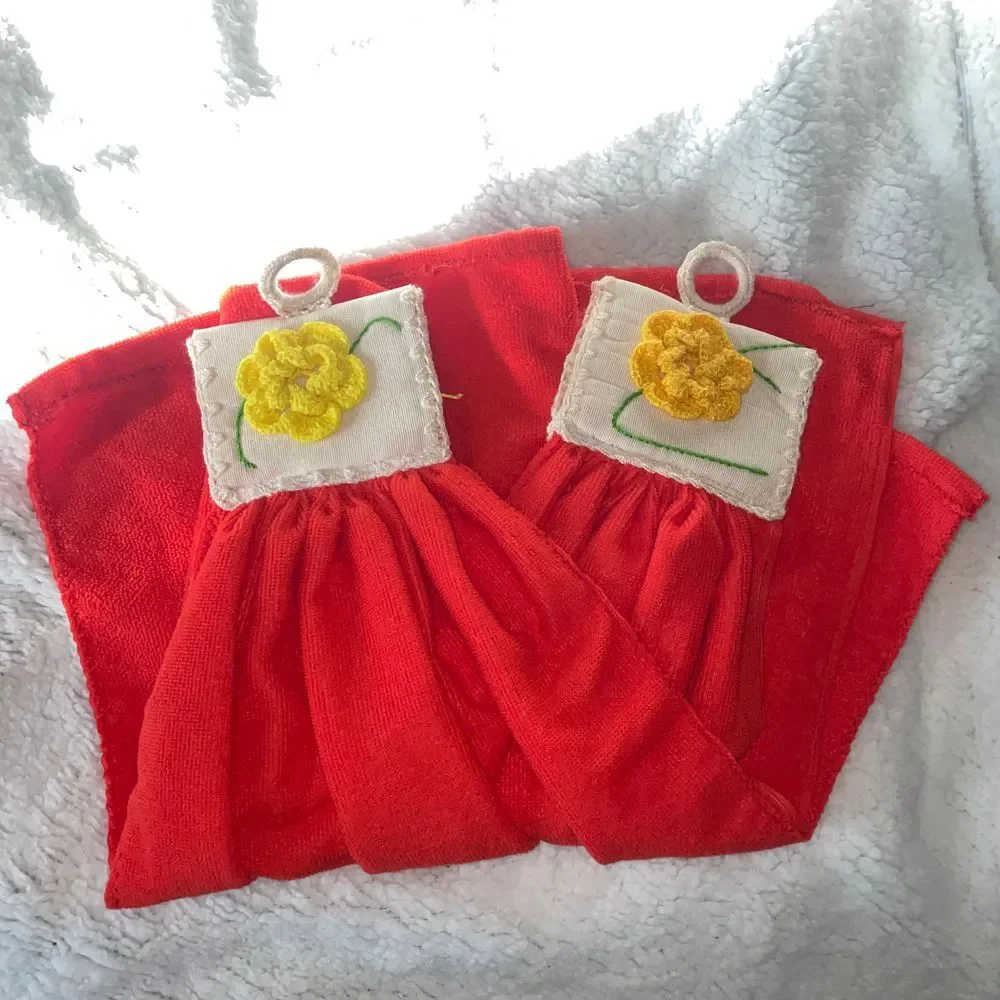 Handmade embroidered terry cloth hanging hand‎ towels orange yellow flowers